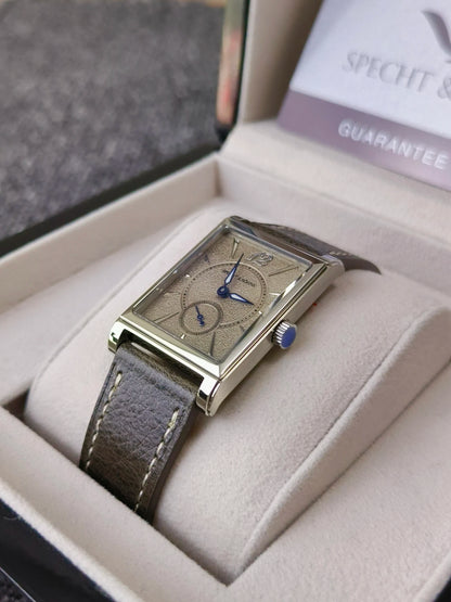 2026 Specht&Söhne Ultra Thin 7.5mm Rectangular Watch Japan Quartz Movement Small Seconds Sandblasted Dial Grey Leather Strap Watch