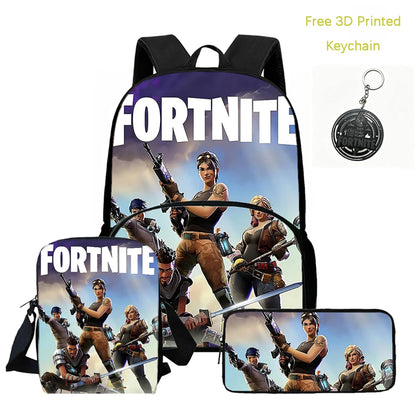 FORTNITE 3Pcs Lightweight Backpack With Front Pocket,Crossbody Bag&Pencil Case For Age 5-9 Boys Girls,Free 3D Printed Keychain.