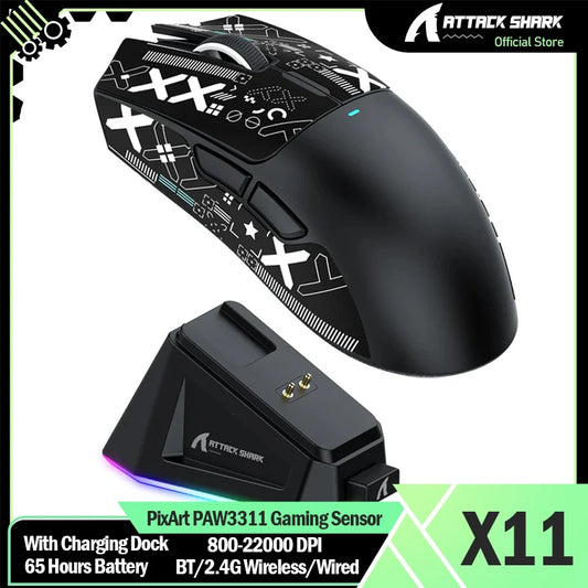 ATTACK SHARK X11 ασύρματο gaming ποντίκι με βάση φόρτισης, αισθητήρα gaming PixArt PAW3311, BT/2.4G ασύρματο/ενσύρματο