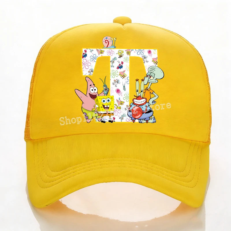 SpongeBobs Baseball Cap Kids Adult Summer Outdoor Sports Sun Hat Child Cute Letter A-Z Sunbonnet Breathable Mesh Headgear Gift