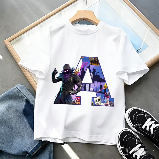 Μπλουζάκι Fortnite με στάμπα αλφαβήτου A-Z για παιδιά, καλοκαιρινό, λευκό, δημοφιλές cartoon game, casual κοντομάνικο τοπ μόδας, ιδανικό για δώρο