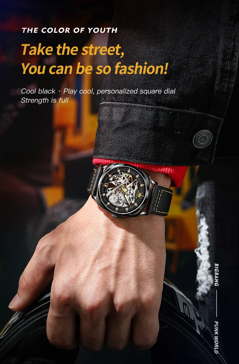 OLEVS 6651 Men's Watch Classic Automatic Mechanical Watch For Men Hollow Skeleton Clock Luxury Leather Waterproof Wrist Watches