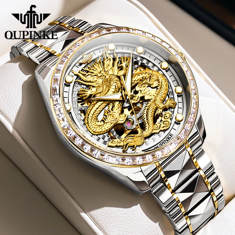 Reloj para hombre OUPINKE de marca de lujo, oro y acero de tungsteno, original, automático mecánico, con esfera decorada con motivo de dragón