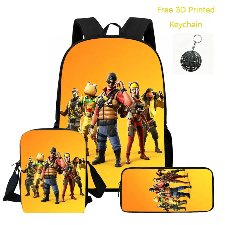 3Pcs Kids Backpack Set, Crossbody & Pencil Bag, FORTNITE Cartoon Bag, Lightweight for Boys Girls 5-10, Free 3D Printed Keychain