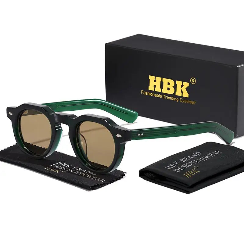HBK Vintage Simple Round Men Sunglasses Small Frame High-Quality Acetate Frame Sun Glasses Women Party Travel Outdoor Glasses