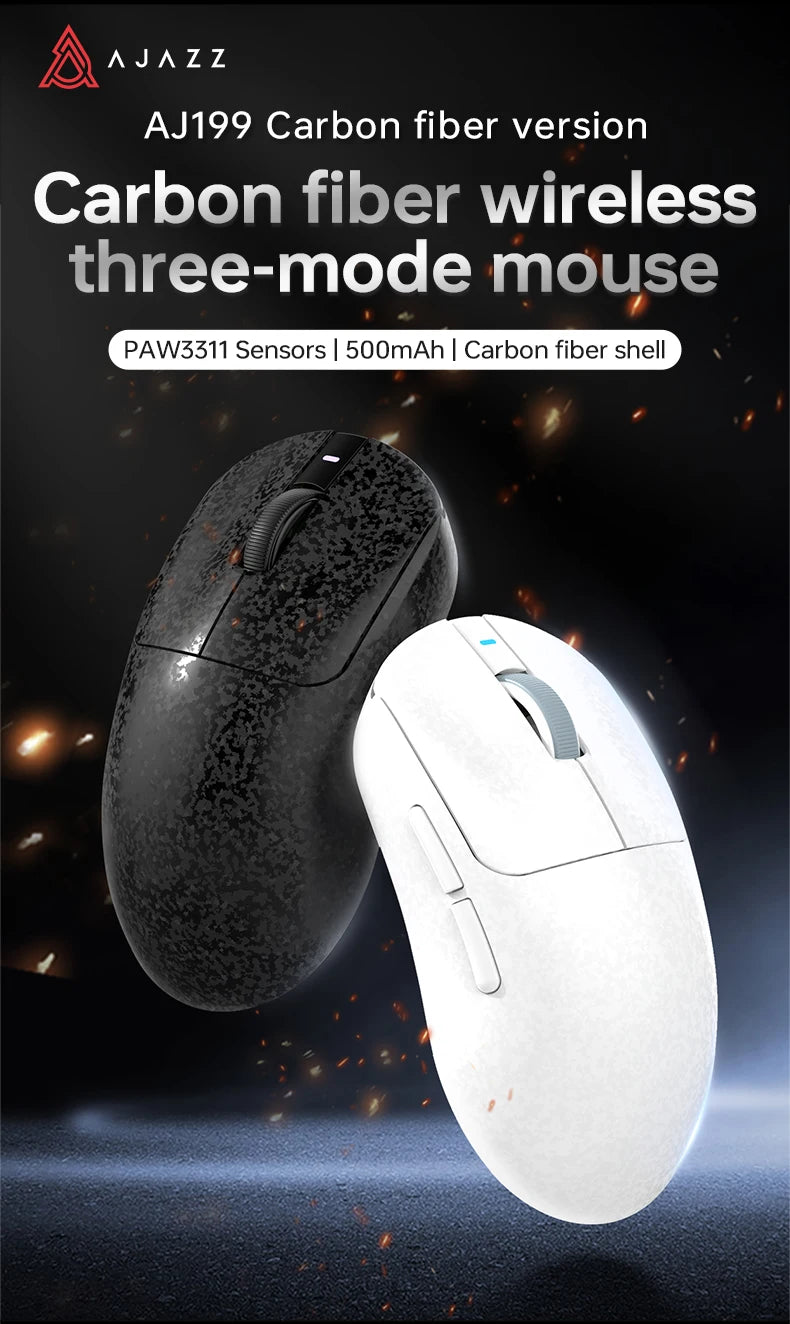 AJAZZ AJ199 trådlös gamingmus PAW3311 24000DPI lätt Bluetooth/trådbunden kolfibermus för PC, laptop och gamers