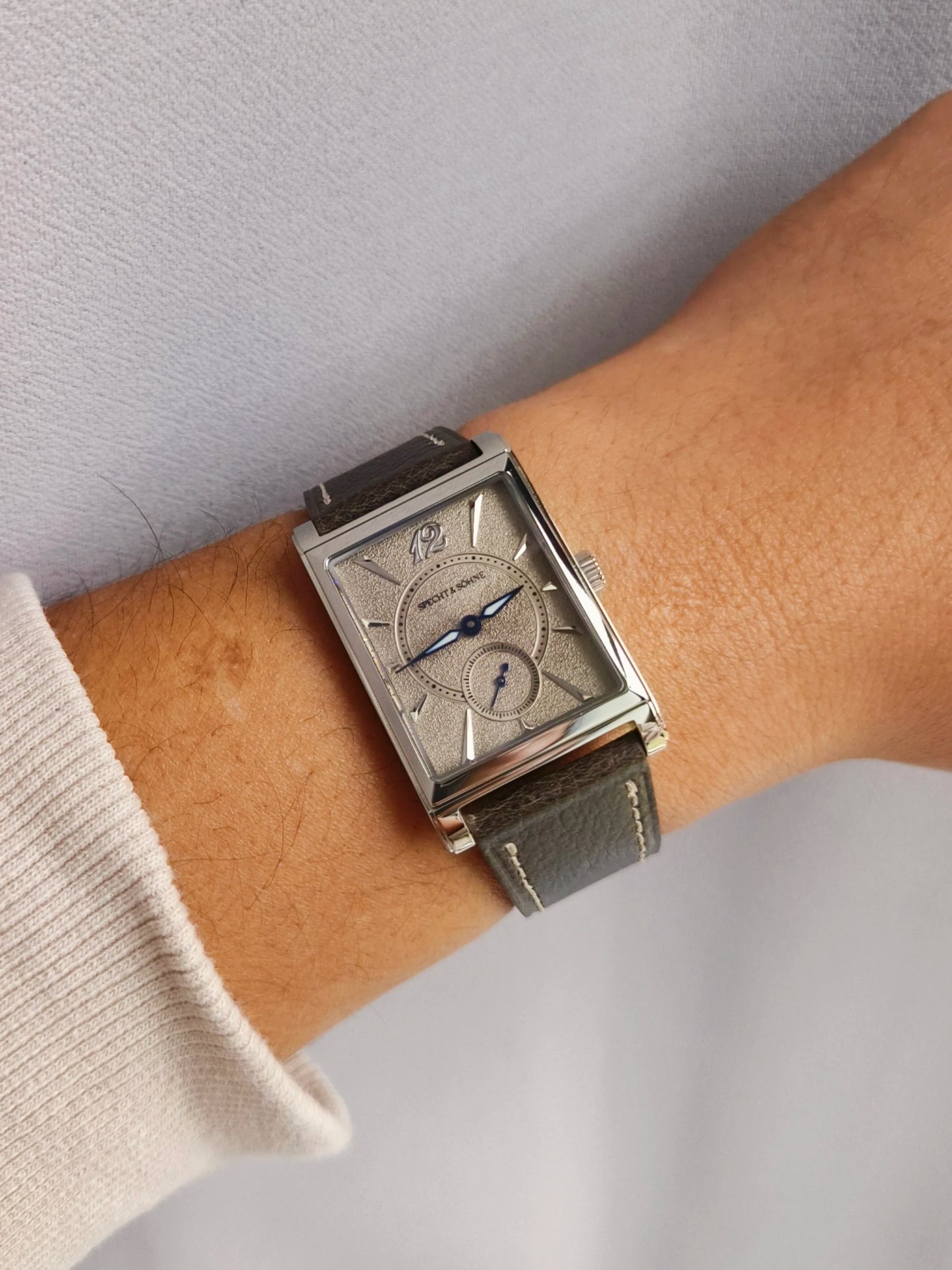2026 Specht&Söhne Ultra Thin 7.5mm Rectangular Watch Japan Quartz Movement Small Seconds Sandblasted Dial Grey Leather Strap Watch