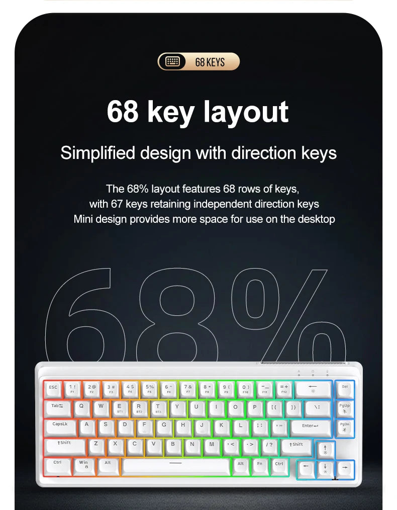 FREEWOLF M68SE 68 key wired mini keyboard, designed ergonomically, dazzling lights and compatible with multiple systems
