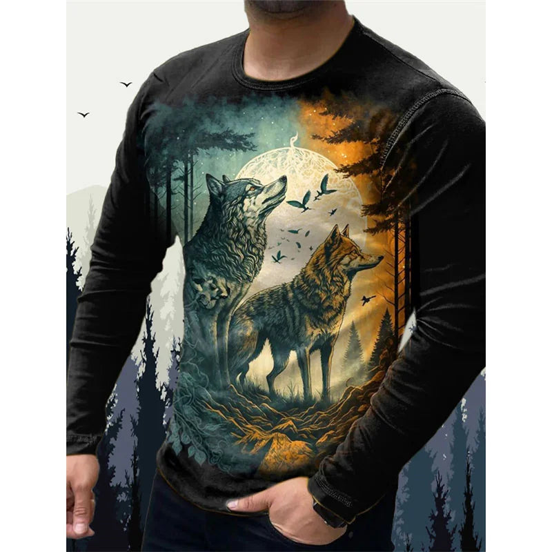 T-shirt pour homme « Wolf Eagle » imprimé en 3D, motif animalier vintage, printemps-automne, manches longues, col rond, coupe ample, style urbain