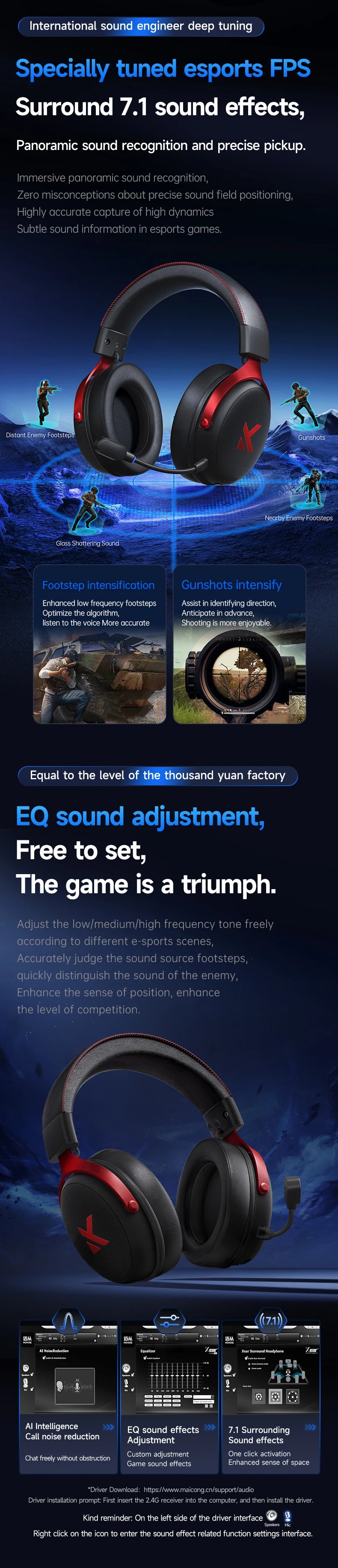 MCHOSE V9 PRO 7.1 Wireless Gaming Headset – Tri-Mode Low Latency Bluetooth 5.3 E-Sports Headphones with AI Noise Cancelling Mic for PC PS4 PS5