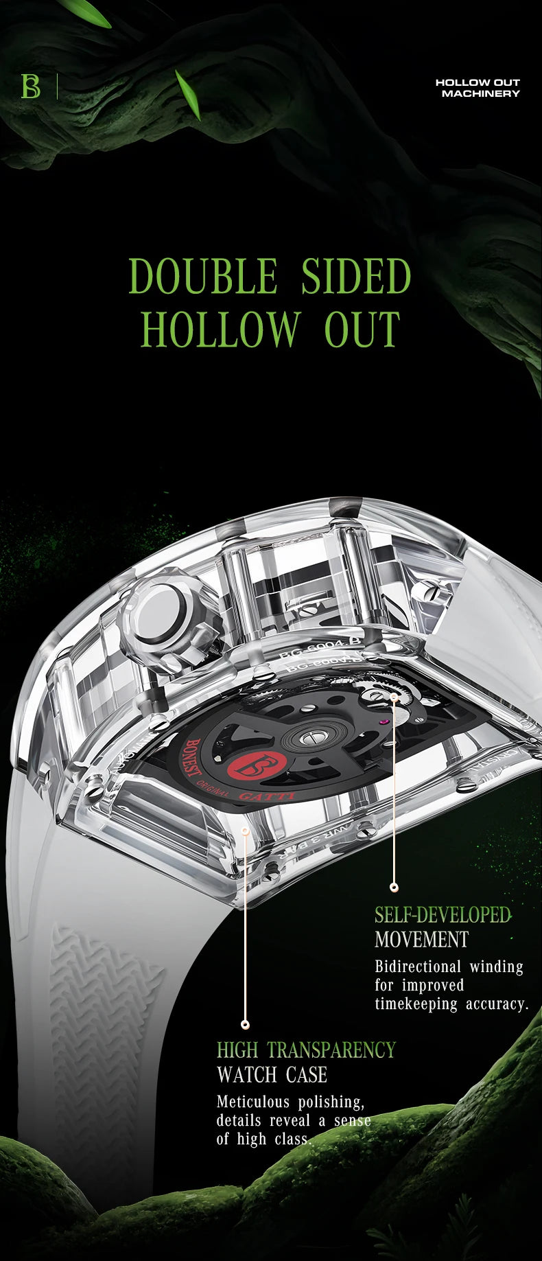 BONEST GATTI Men Mechanical Watch Sapphire Crystal Double Sided Hollow Out Luminous 30M Waterproof Snake Pattern Dial Wristwatch