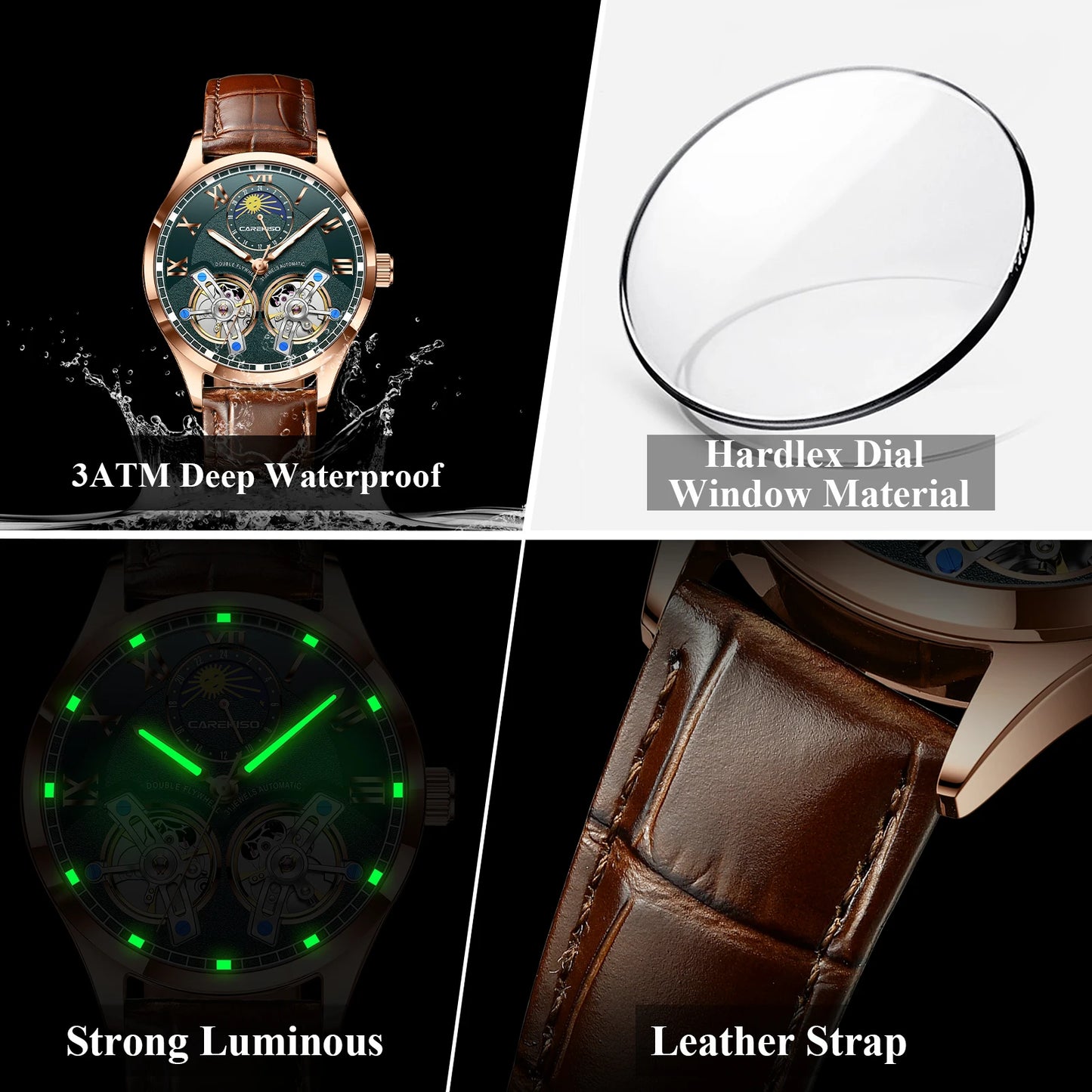 CAREKISO Fashion Men Clock Double Hollow Tourbillon Automatic Mechanical Man Watch Waterproof Luminous Leather Men's Watches+Box