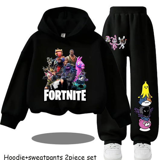 Fortnite-bedruckte Kinder-Hoodies, Cartoon-Design, bequemes 2-teiliges Set, locker sitzende Langarm-Oberteile mit Hose, Herbst-/Winterkleidung, Geschenk