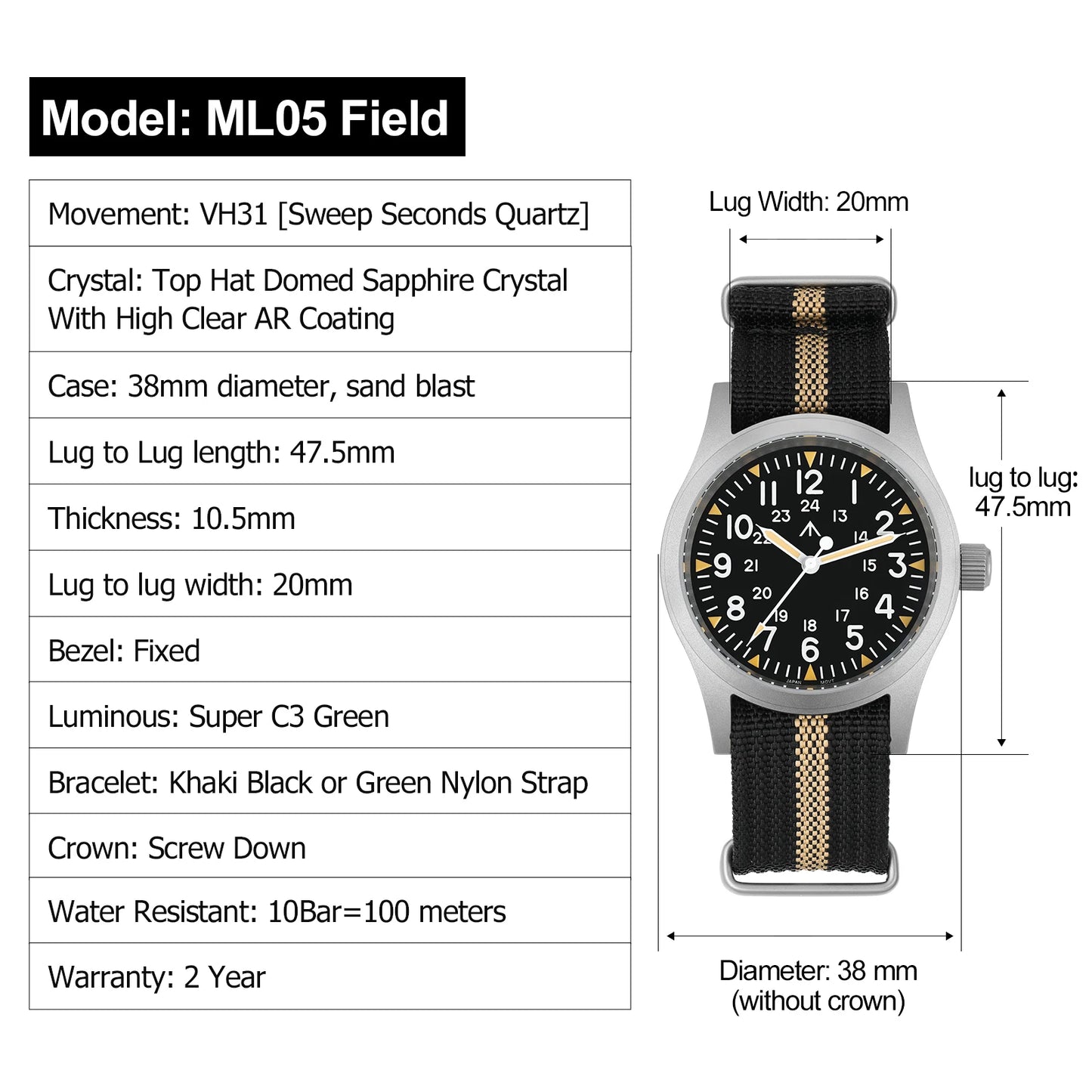 Militado ML05 38mm Military Field Watch VH31 Sweep Quartz Movement Domed Sapphire Crystal Waterproof 100M Super Luminous Watches