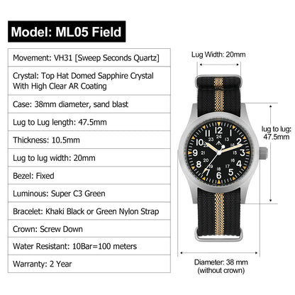 Militado ML05 38mm Military Field Watch VH31 Sweep Quartz Movement Domed Sapphire Crystal Waterproof 100M Super Luminous Watches