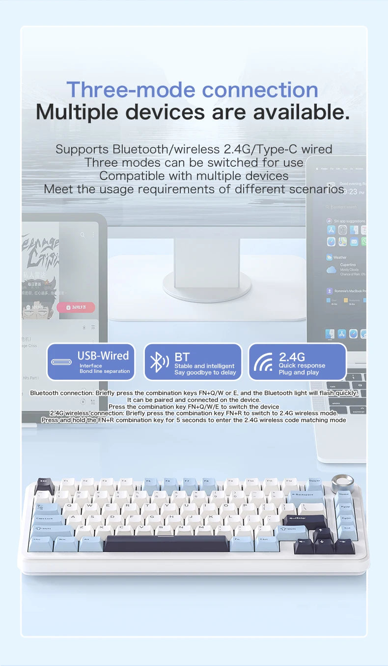 F75 Mechanical Keyboard FREEWOLF 81 Keys Layout Metal Knobs PBT Keycaps, Fully Hot-swappable Keys RGB Multi-color Backlighting