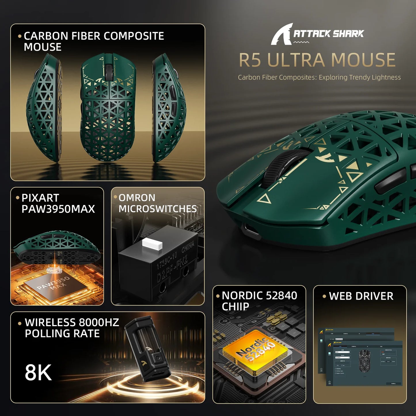 Rato Gaming Sem Fios ATTACK SHARK R5 Ultra Carbon Fiber, Sensor Gaming PixArt PAW3950MAX, 42000DPI, 8000Hz, MCU Nordic 52840