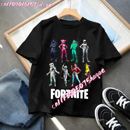 Fortnites Kids Black Cotton T Shirt Fortress Night Baby Short Sleeve Tees Shirt Cartoon Boy Girl Summer Clothes Kawaii Tops Gift
