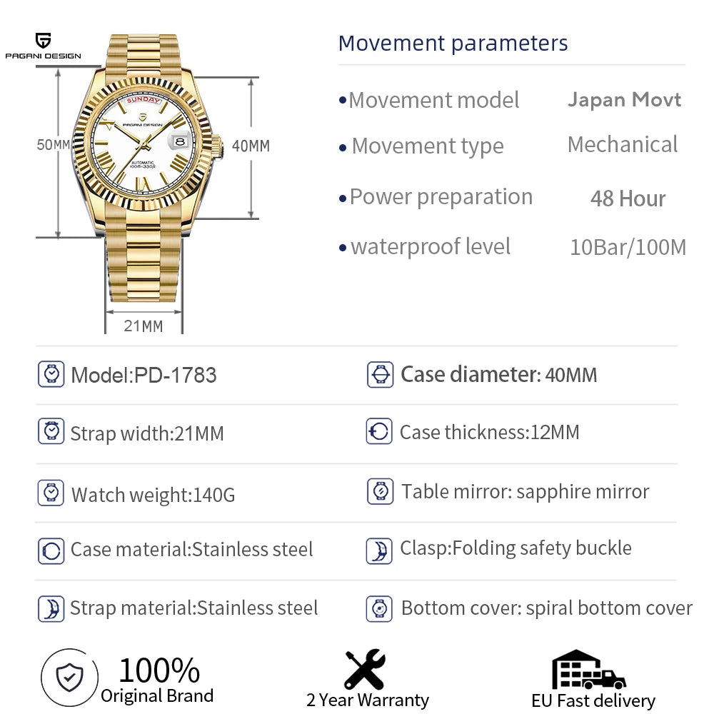 PAGANI DESIGN 2026 New Rose Gold Blue DD40 Luxury Automatic Watch Men Mechanical Wristwatch Mens Sapphire glass Waterproof Watch
