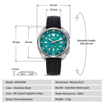 BERNY 20ATM Diver Watch For Men Mechanical Miyota 8215 Sapphire Sports Diving Luminous Anti-collision Crown Dual Crown Men Watch