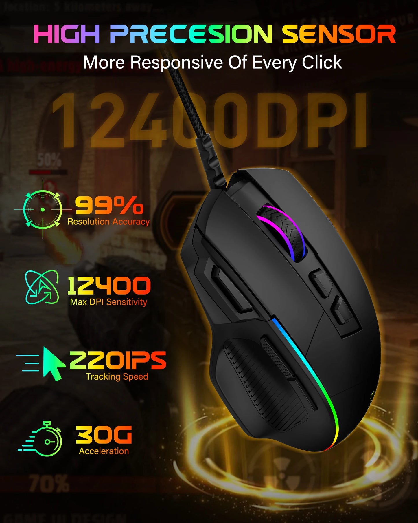 E-YOOSO X49 Wired Gaming Mouse 12400 DPI Adjustable, RGB Backlit, 8 Programmable Buttons, Ergonomic Gamer Mouse for PC Laptop