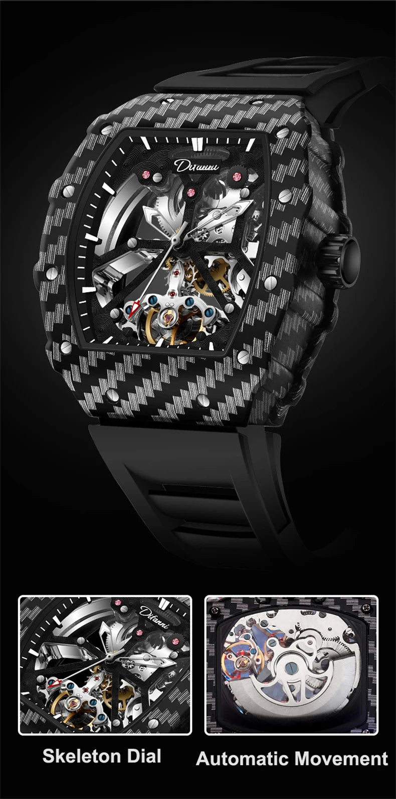 Mechanické hodinky s tourbillonem pro muže, silikonový řemínek, skeletové, tvaru tonneau, automatické, luxusní pánské hodinky Reloj Hombre
