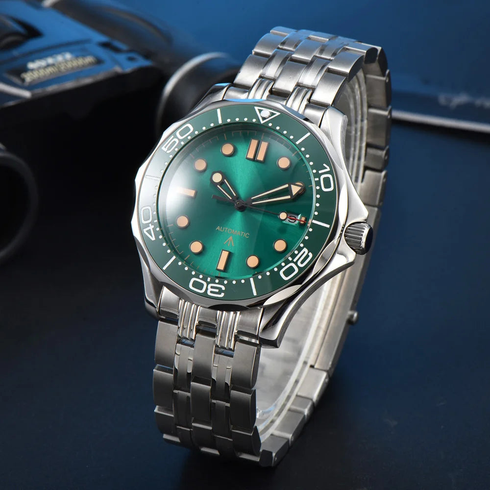 Parnsrpe Nouvelle montre de plongée automatique Miyota 8215 pour homme, sport de luxe, cadran vert, luminescent, verre saphir, date, étanche, bus