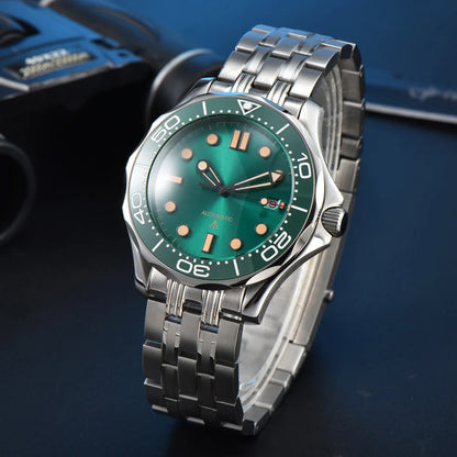 Parnsrpe Nouvelle montre de plongée automatique Miyota 8215 pour homme, sport de luxe, cadran vert, luminescent, verre saphir, date, étanche, bus