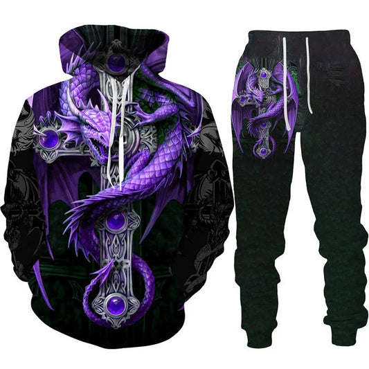 Dres z nadrukiem 3D Retro Dragon Tattoo dla mężczyzn i kobiet, casualowy zestaw z bluzą z kapturem + spodnie, 2 części, oversize, modna odzież męska
