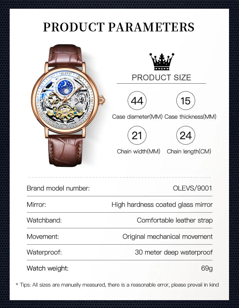 OLEVS Brand 2024 Fashion Moon Phase Skeleton Mechanical Watch for Men Sport Leather Waterproof Luxury Tourbillon Watches Mens