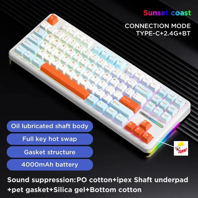 AULA F87 Pro Mechanical Keyboard 2.4g/Usb/Bluetooth Tri Mode Wireless 87 Key RGB PBT Gasket 5 Layer Silencing Full Key No Impact