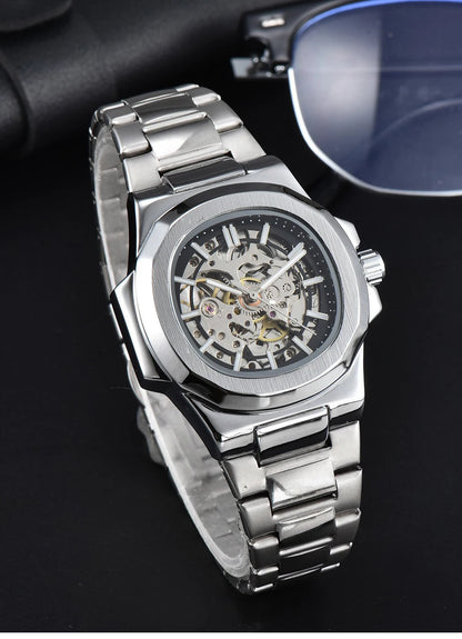 LONGLUX HOT SALE automatic mechanical men watch wholesale no logo waterproof skeleton business  stainless steel gift watch