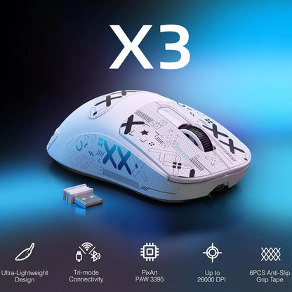 ATTACK SHARK X3 lengva belaidė žaidimų pelė, 49g, trijų režimų, PAW3395 26K DPI jutiklis, 200h baterijos veikimo laikas, 5 programuojami mygtukai