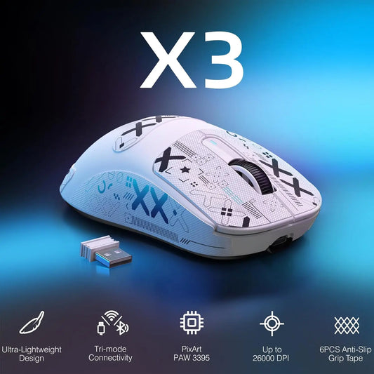 ATTACK SHARK X3 lengva belaidė žaidimų pelė, 49g, trijų režimų, PAW3395 26K DPI jutiklis, 200h baterijos veikimo laikas, 5 programuojami mygtukai