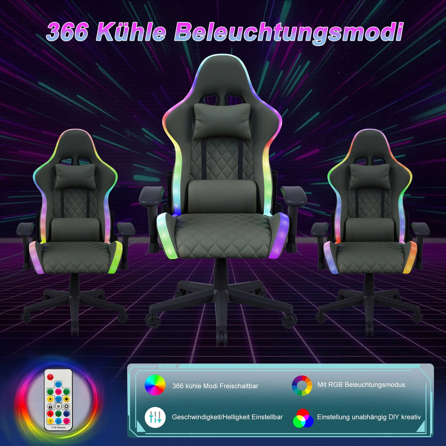 Anajqaqia Gaming Chair RGB LED Light Lumbar Massage Adjustable 90-135° Backrest Ergonomic Office Chair
