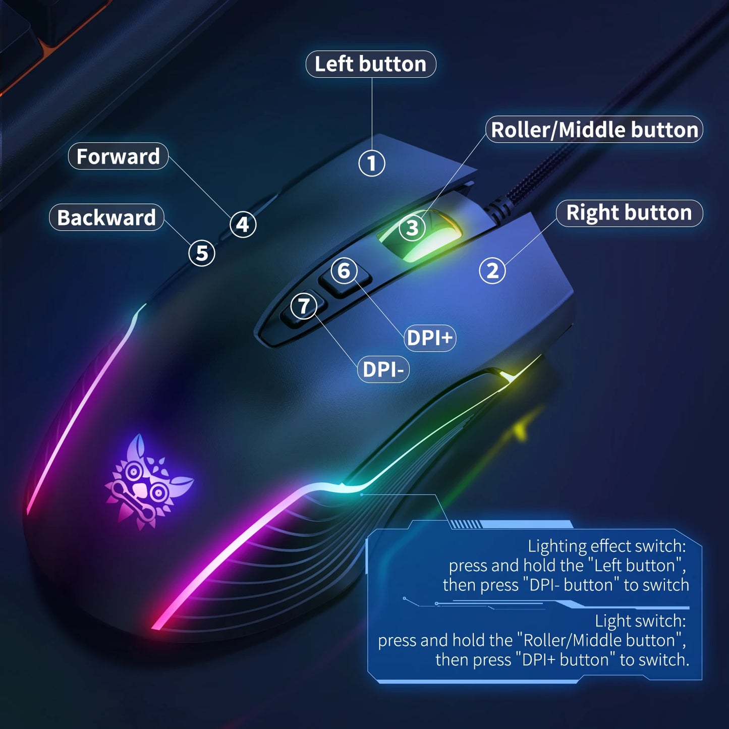 ONIKUMA Wired Gaming Mouse 6 Levels Adjustable 6400 DPI 7 Programmable Buttons 7 RGB Lighting Modes Ergonomic Mice for PC Gamer