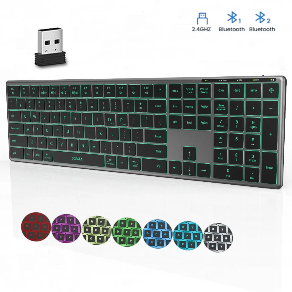 Backlight Bluetooth Keyboard Multi-Device Full Size Wireless Keyboard with Number Pad, Rechargeable Slim Multimedia Keyboard