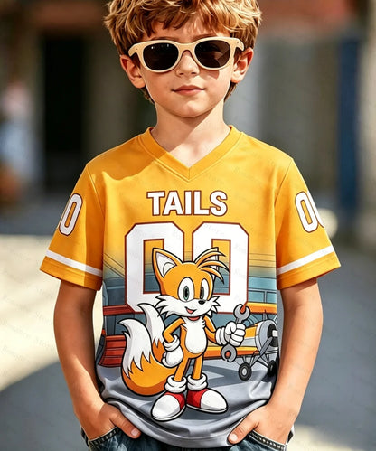 Sonic Anime Merchandise 3D Printed V-Neck Jersey T-Shirt for Kids & Adults, Multi-Size Loose Fit Casual Sports Short Sleeve Top