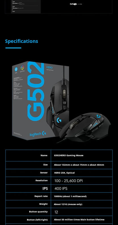 Logitech G502 HERO vysoce výkonná drátová herní myš, senzor HERO 25K, 25,600 DPI, RGB, nastavitelné závaží, 11 tlačítek, myš pro PC/Mac