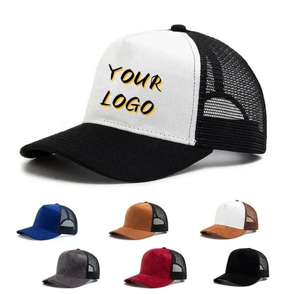 2025 m. unisex 5 dalių tinklinė zomšinė „Trucker“ kepurė su individualiu logotipo spaudiniu vyrams, beisbolo kepuraitė pavasariui ir vasarai, kvėpuojančios sportinės kepurės moterims