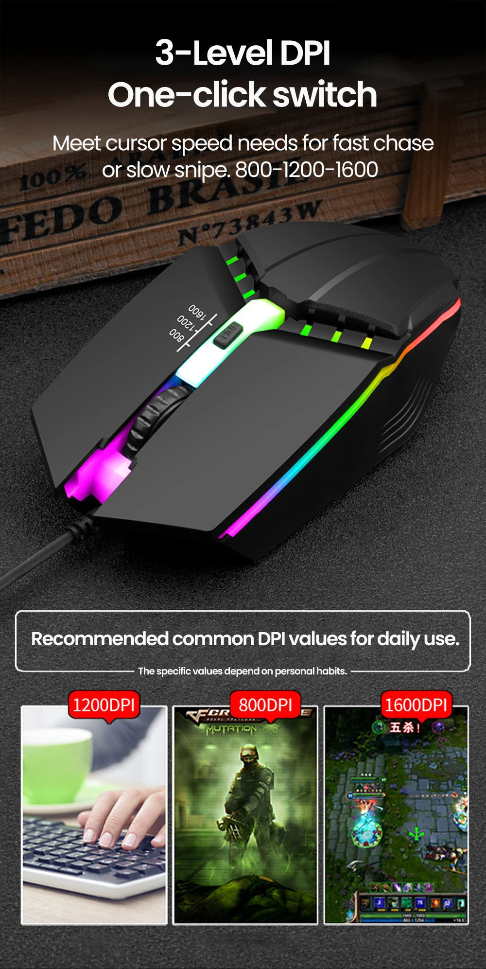 RGB bedrade muis met achtergrondverlichting, mute-knop en USB – bedrade USB-gamingmuis voor desktop-pc, notebook, computer, thuis en kantoor, met lichtgevende LED en 1600DPI