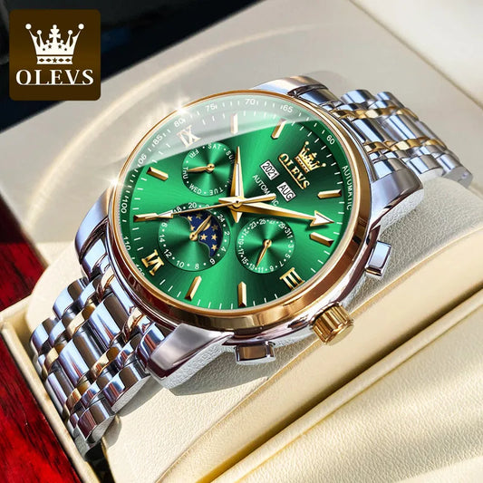 OLEVS 6633 Luxury Men's Watches Automatic Green Watch Men Stainless Steel Waterproof Business Sport Mechanical Wristwatch 6633