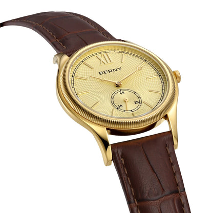 BERNY Luxury Watches for Men Classic Elegance Slim Dress Gold Quartz Men's Watch Leather Strap Fashion Business Wristwatch