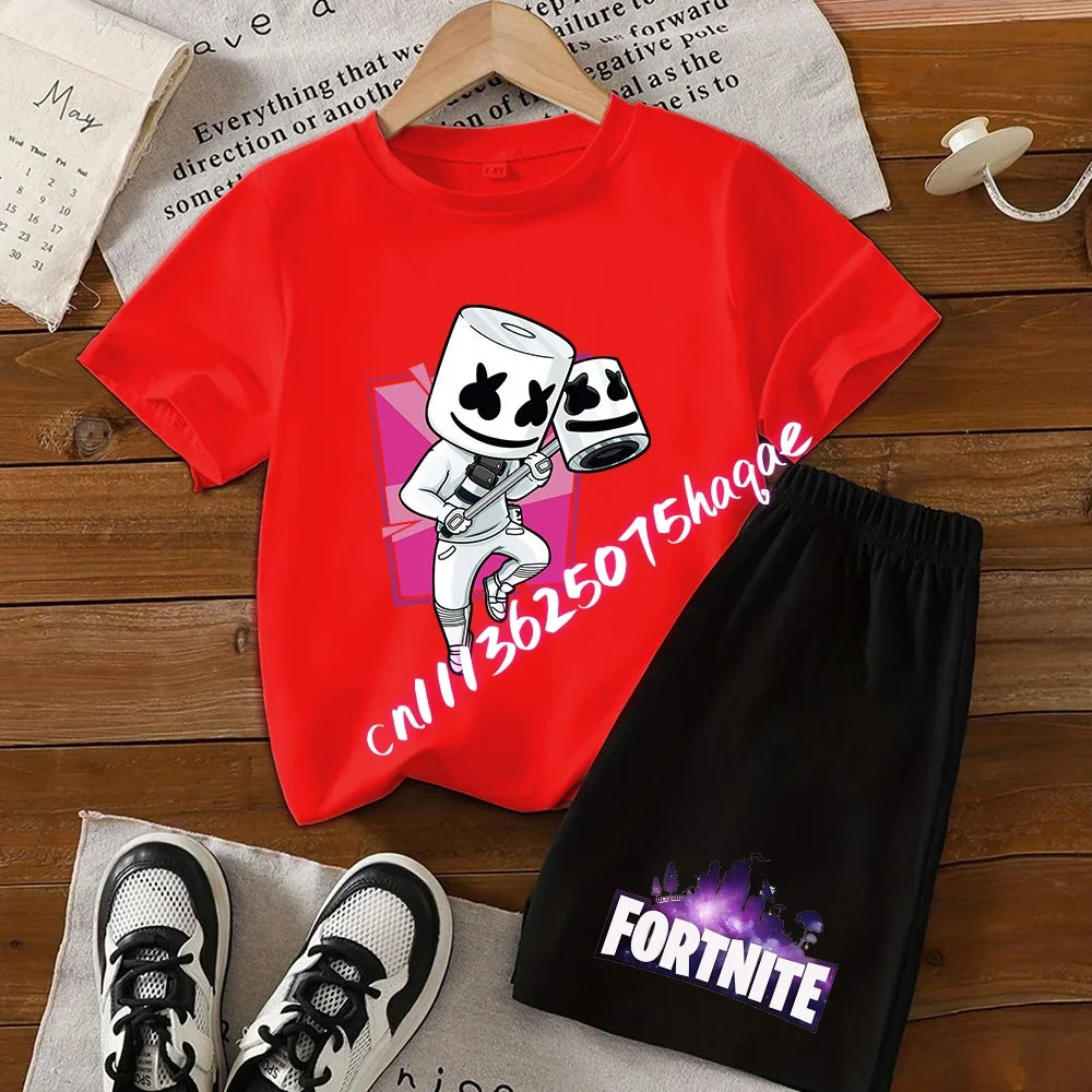 Σετ παιδικό Fortnite με T-shirt και σορτς, μπλουζάκι με εκτύπωση cartoon φιγούρας, καλοκαιρινό casual αθλητικό ένδυμα για αγόρια