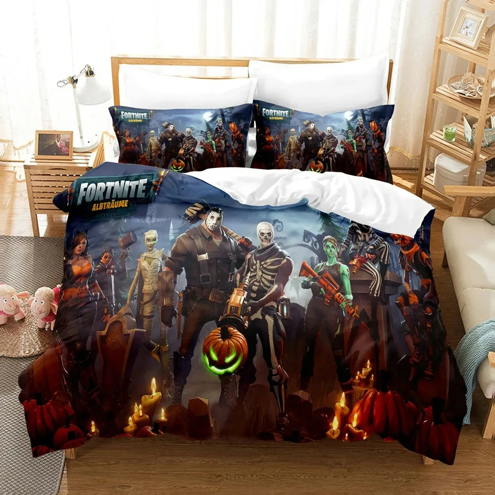 F-Fortnite 3PCS Bedding Set Battle Royale Kids Duvet Cover Quilt Pillowcase Double Size Victory Game Bedroom Linen Decoration