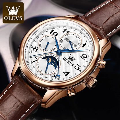 OLEVS 6667 Mens Watch Multifunctional Chronograph Mechanical Watch Leather Strap Moon Phase Watches For Man Luxury Original