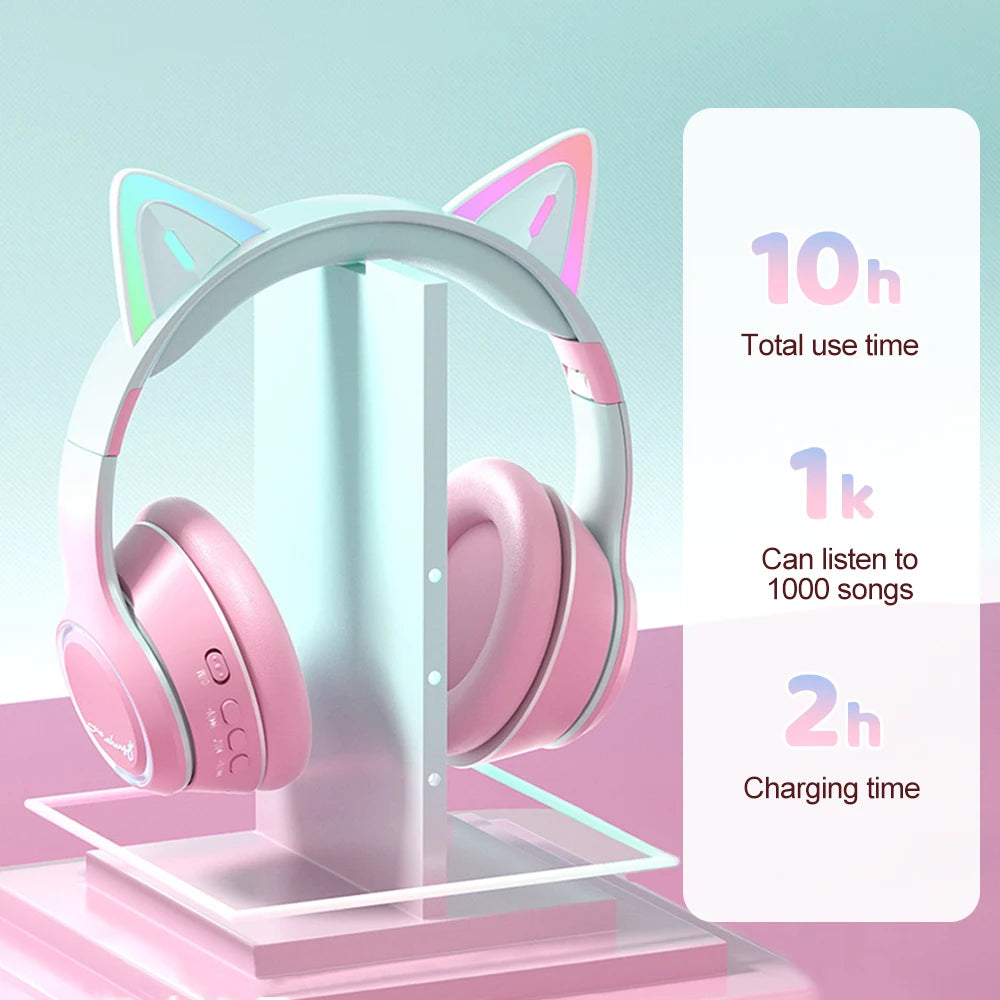 RGB Cat Ear Bluetooth Headphones Wireless Kids Headset with Microphone, Gradient LED Light Gaming Headphones, Stereo Music Bluetooth 5.3 Earphones for Girls