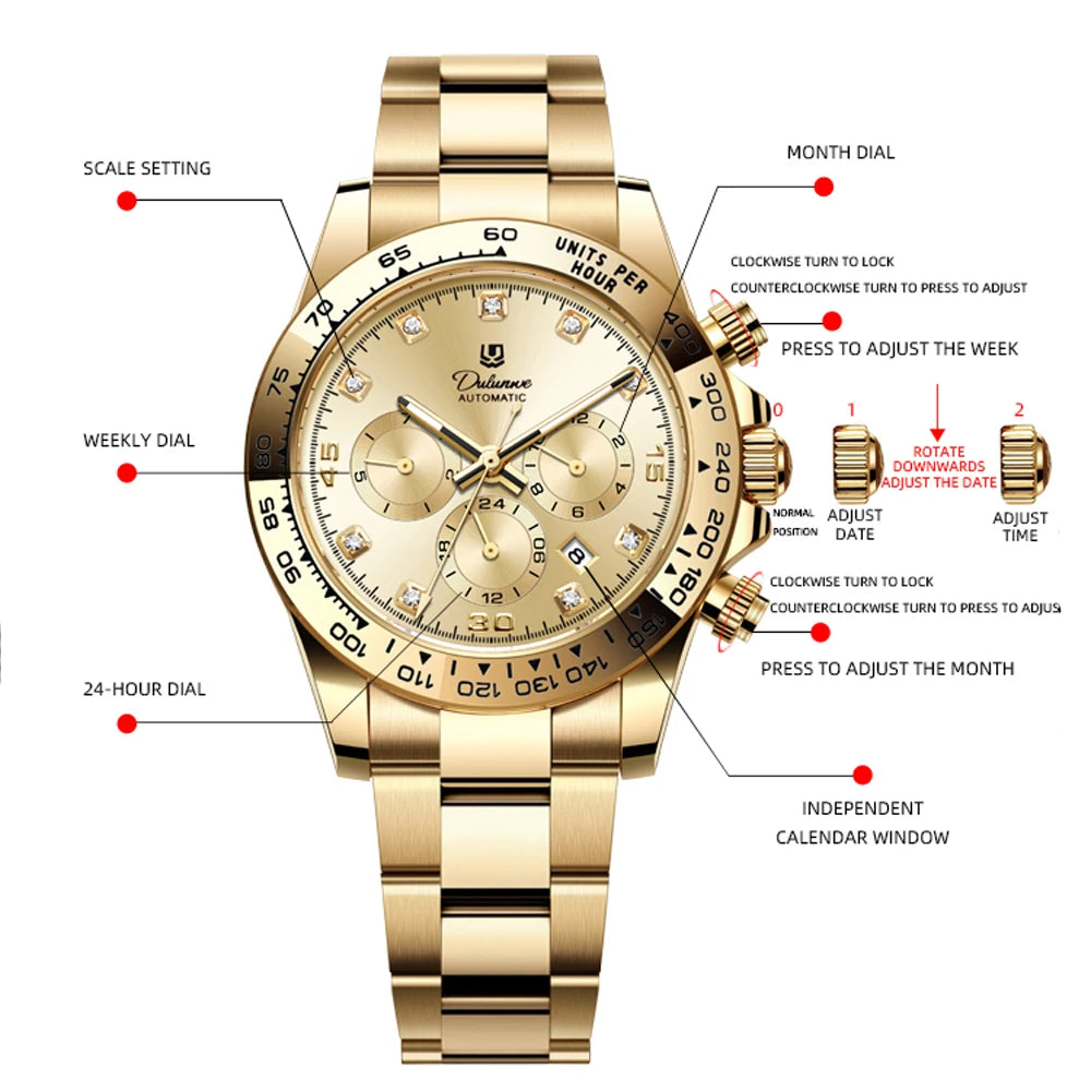 Watch For Men Luxury Stainless Steel Clock Fashion Casual Multi-functional Design Automatic Mechanical Wristwatch