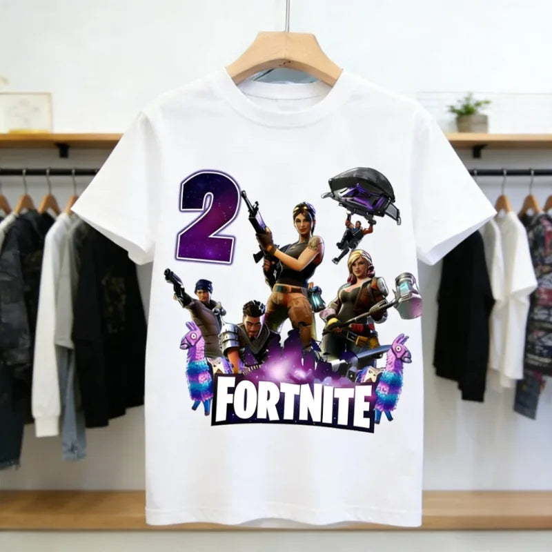 Fortnite Kinder-Geburtstagszahl-T-Shirt für Mädchen und Jungen, Sommerkleidung, Baby-T-Shirt aus Baumwolle, kurzärmliges Party-Oberteil, Geschenk für Kleinkinder