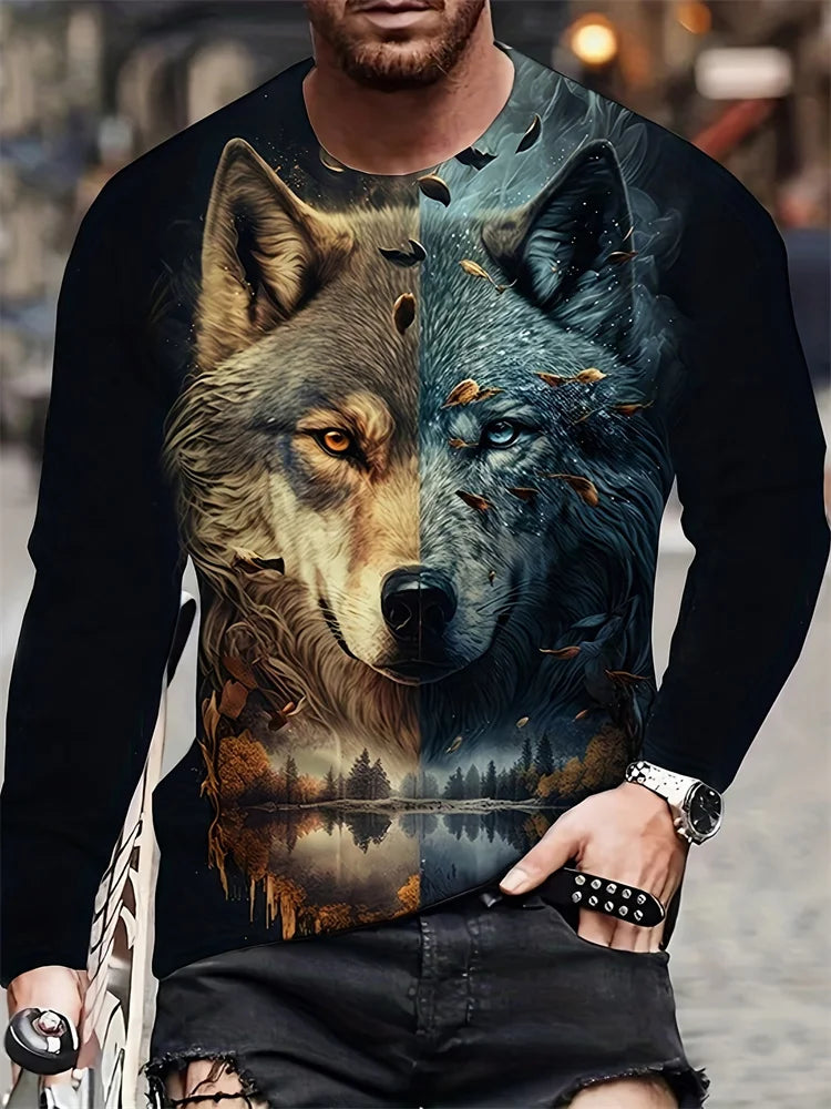2024 New Wolf Print Men's Long Sleeve T-shirt Spring And Autumn Men's Daily Casual Shirt Street Fashion Men's Long Sleeve T-shir